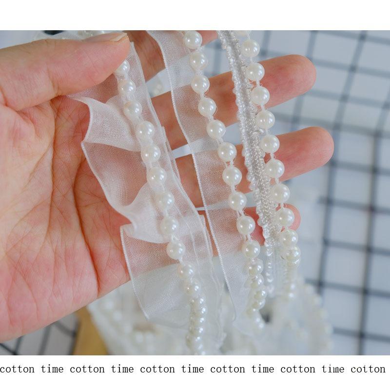 Cottontime Off-White Mesh Ribbon Beads with Pearl Lace Decorative Accessories for Clothing