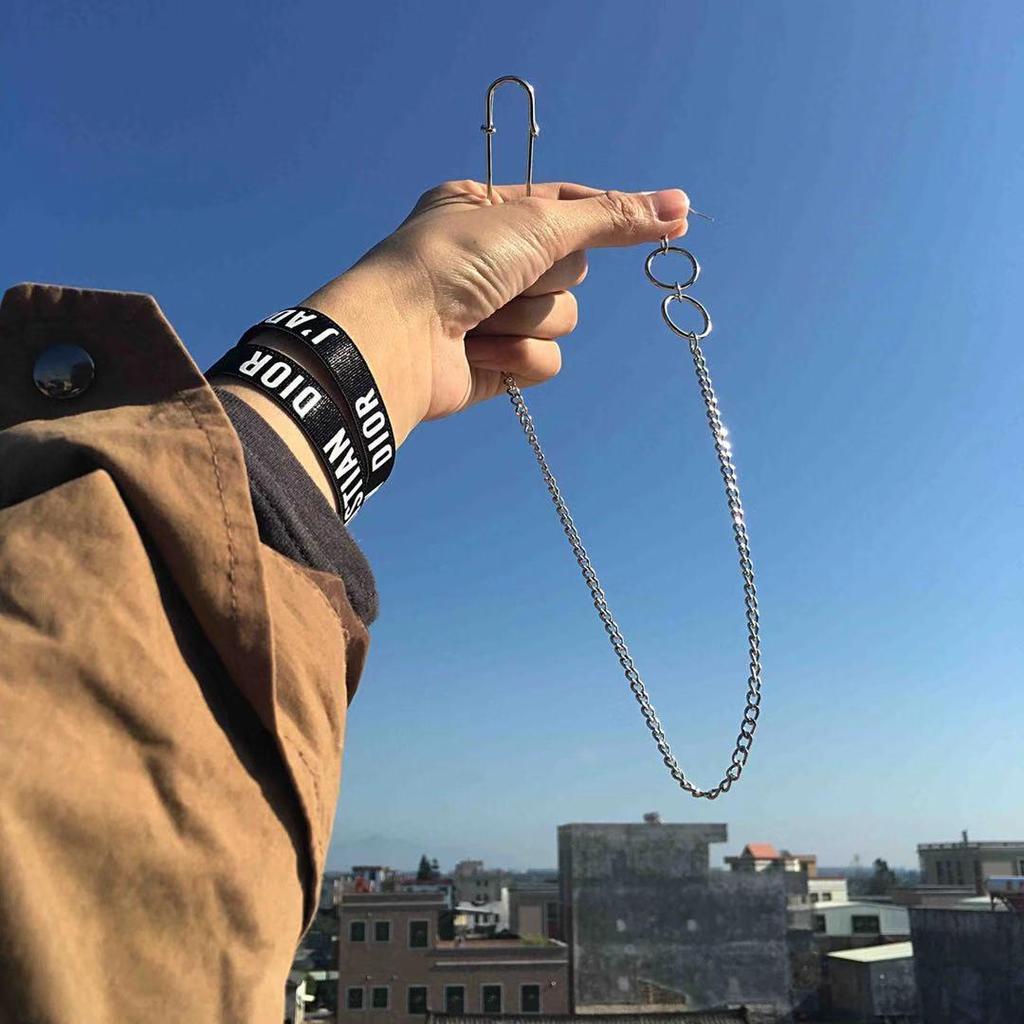 Korean Geometric Chain Pin Brooch - Trendy Unisex Metal Suit Accessory