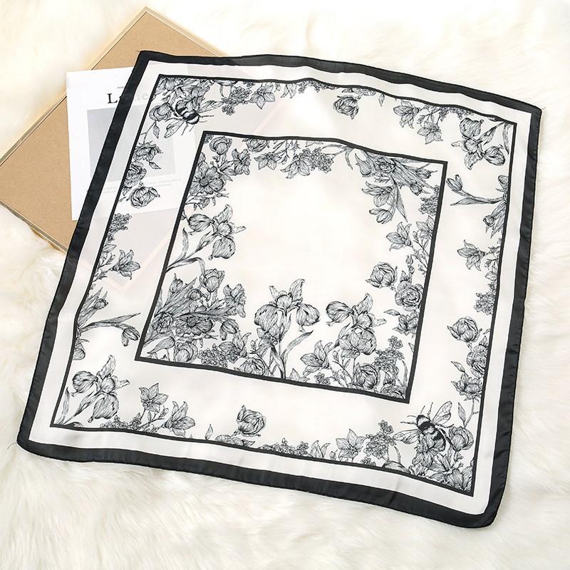 70cm Black White Floral Pattern Scarf Literary Floral Temperament Kerchief Clothes Accessory Scarves Shawl Sun Protection Scarf