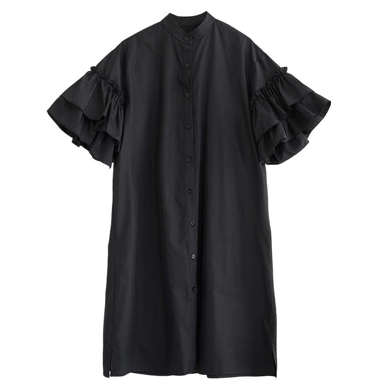 Spring and Summer Stand-up Collar Dress with Lotus Leaf Sleeves Shirt Dress