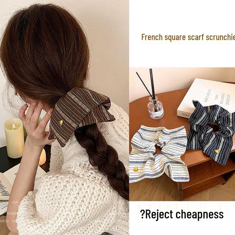 2025 Retro Striped Square Scrunchie with Korean Bow