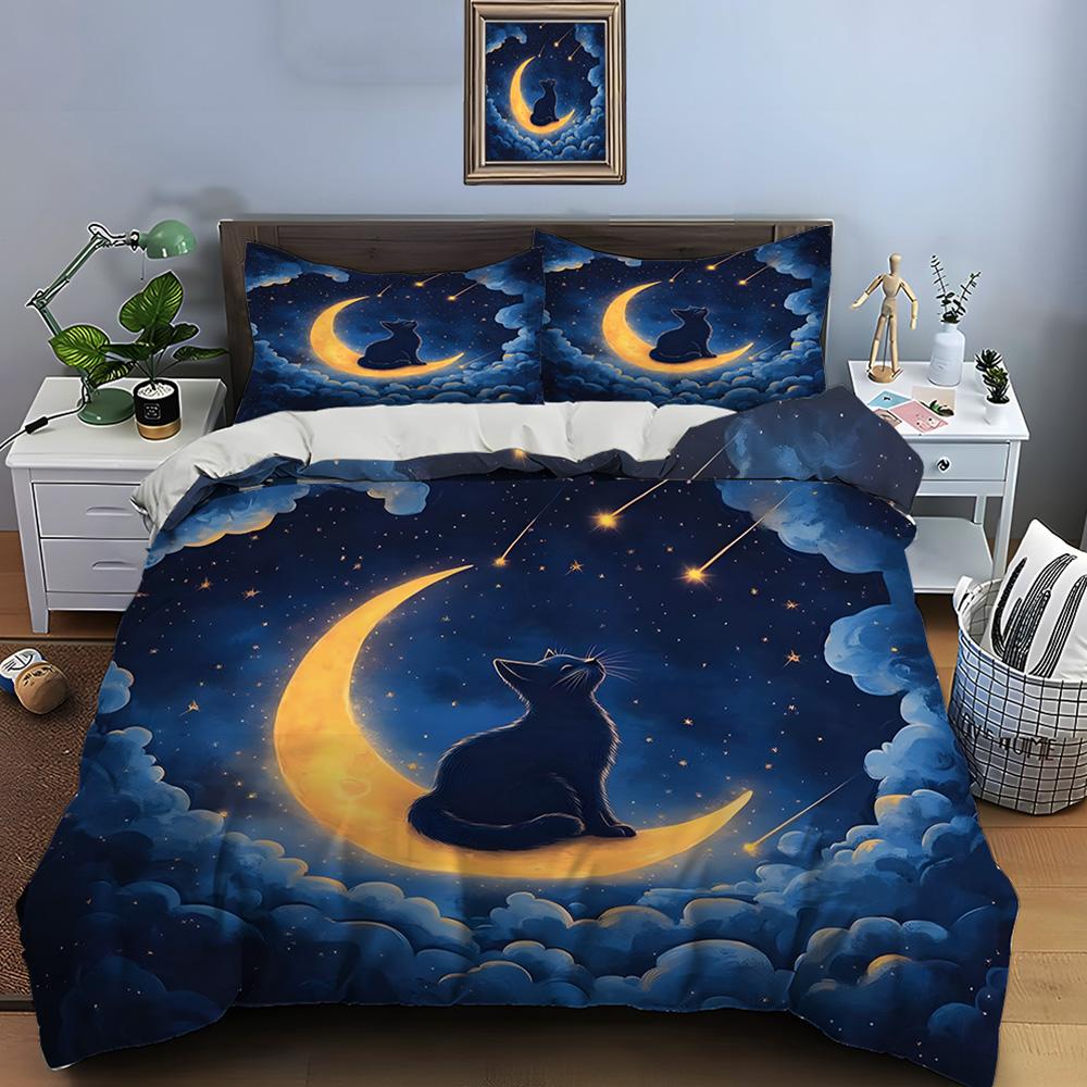 Cat on Crescent Moon Under Shooting Stars Bedding Set 1 Duvet Cover 2 Pillowcases for Adult and Children Luxury Gift Full Size