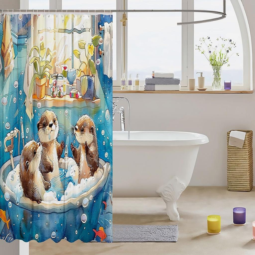 Cute Otter Shower Curtain Animal Bath Scene Watercolor Art Cartoon Design Kids Bathroom Decor Waterproof Fabric Fun Home150X200