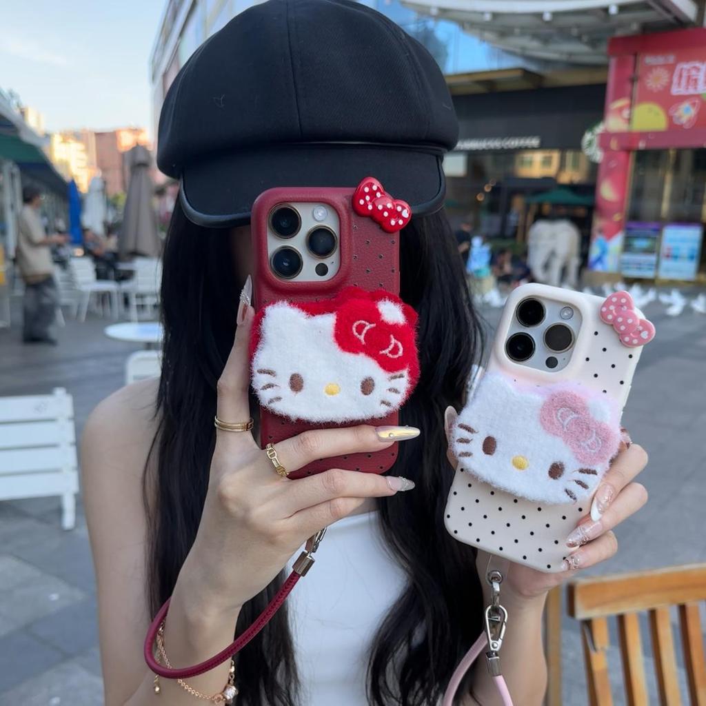 Autumn and Winter Plush Three Dimensional Kt Bracelet Suitable for IPhone16 Mobile Phone Case Apple 15 Protective Cover 14 Leather Pattern Soft
