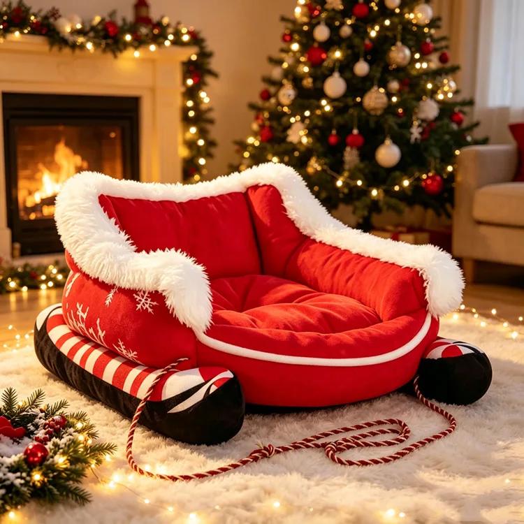 Sleigh Style Pet Sleeping Bed Fluffy Fleece Lined Dog Sofa Cushion Ultra‑Soft Non‑Slip Winter Christmas Decoration for Cats Dogs