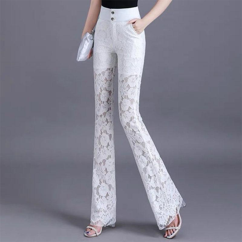 Y2k Korean Pant Suits Lace Hollow Out Summer Thin Flare Pants High Waist Solid Women Elegant Casual Fashion Female Trousers 2022