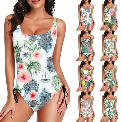 Women Swimsuit Floral Print with Adjustable Side Ties Scoop Neck Bathing Suit for Swimming Pool Beach Sports