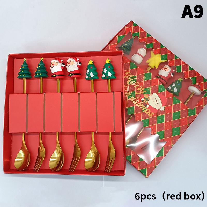 1/2/4/6 Stück Edelstahl Löffel Weihnachts Dessertlöffel Kuchengabel Cartoon Weihnachtsbaum Elch Löffel Gabel Weihnachtsgeschenkbox