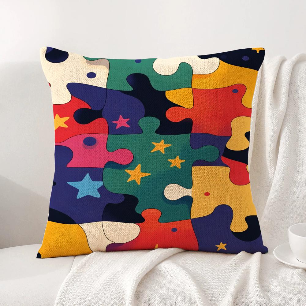 Fun Puzzle Patterns Cushion Cover Natural Linen Organic Fabric DoubleSided Printing Sofa Home Decor Gift Pillow Cover