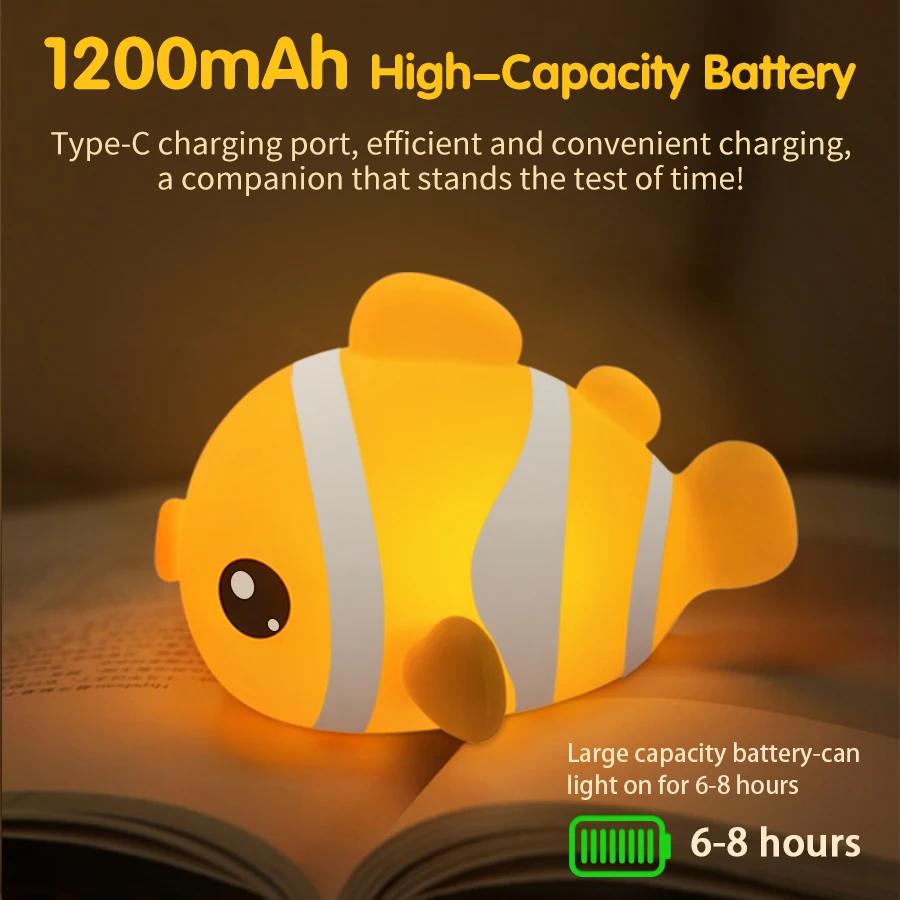 Cute Clownfish Silicone Patting Lamp LED Night Light Rechargeable Touch Bedside Sleeping Lamp Room Decor Kids Birthday Gifts