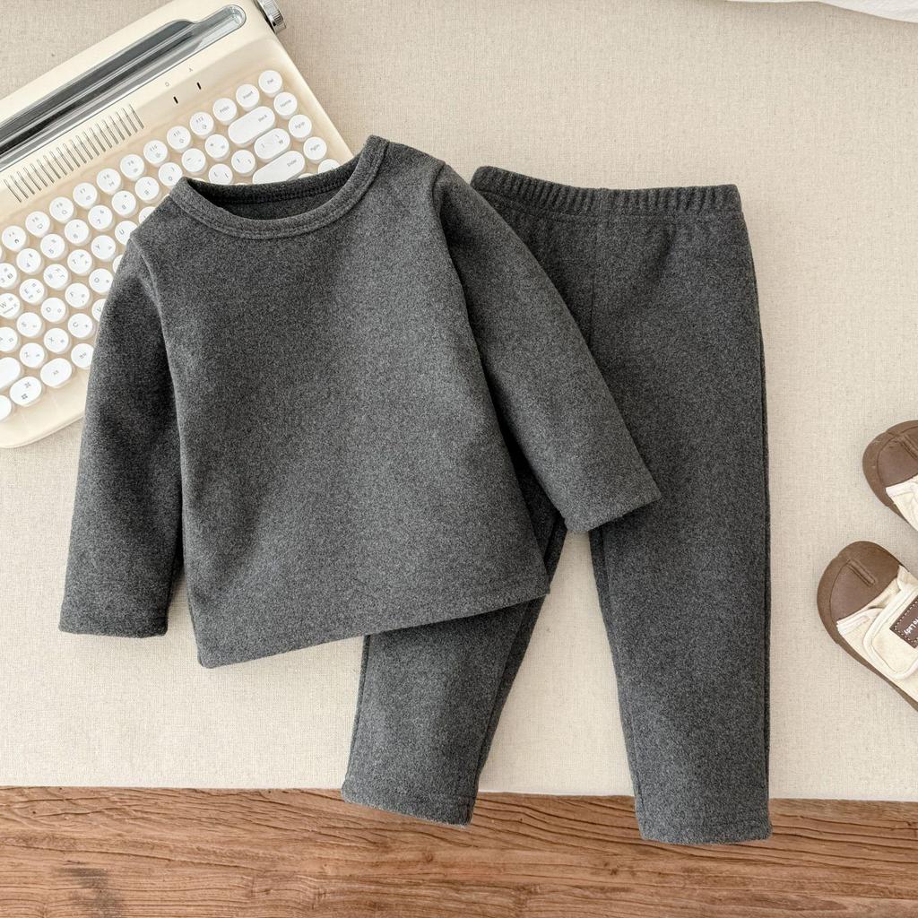 Children's Solid Color Warm Two-Piece Set for Autumn/Winter - Base Layer Shirt and Home Wear for Boys and Girls