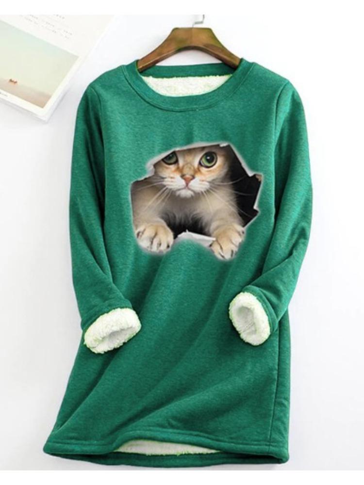 Autumn and Winter New Plus Size Fashionable Round Neck Pullover Cat Long Sleeved Plus Plush Thick Women's Bottoming Shirt Top
