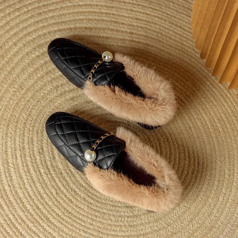 Fashion New Black Brown Autumn Winter Plush Warm Casual Shoes Women's Fashionable and Comfortable Low Heeled Cowhide Warm Cotton Shoes