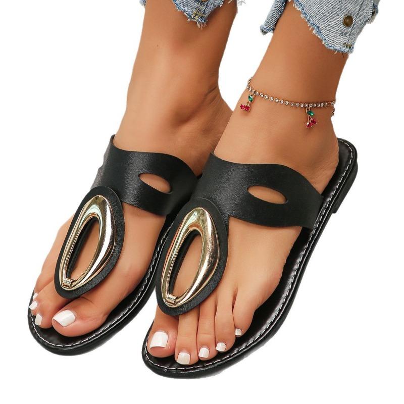 Large size summer new fashion casual metal buckle toe flip-flops shoes women's