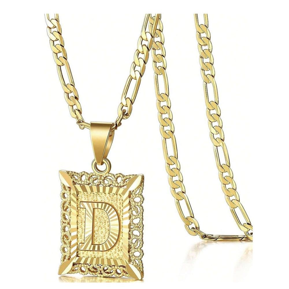 Initial Necklace Square Letter Pendant Necklace Capital Monogram Necklace Alhpabets From A-Z Figaro Chain Necklace