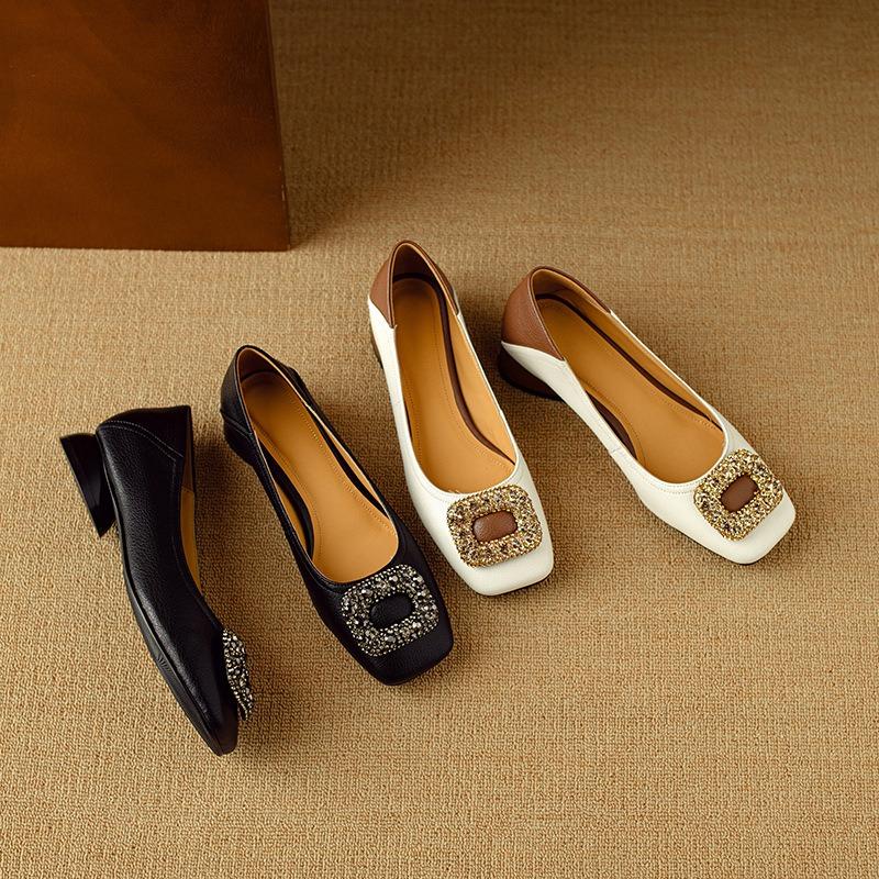 Retro square head shallow mouth single shoes women's leather fashion women's shoes new temperament thick heel high heels women