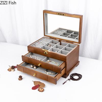 Solid Wood Jewelry Box Chinese Style Lock Earrings Necklace Watch Storage Box Wedding Gift Simple Home Multi-layer Storage Box