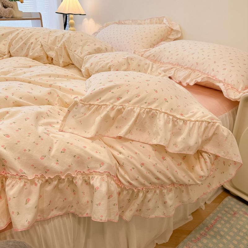 3/4Pc Korean Princess Style Floral Ruffles Bedding Set Single Queen Size Soft Skin-friendly Washed Cotton Duvet Cover Pillowcase