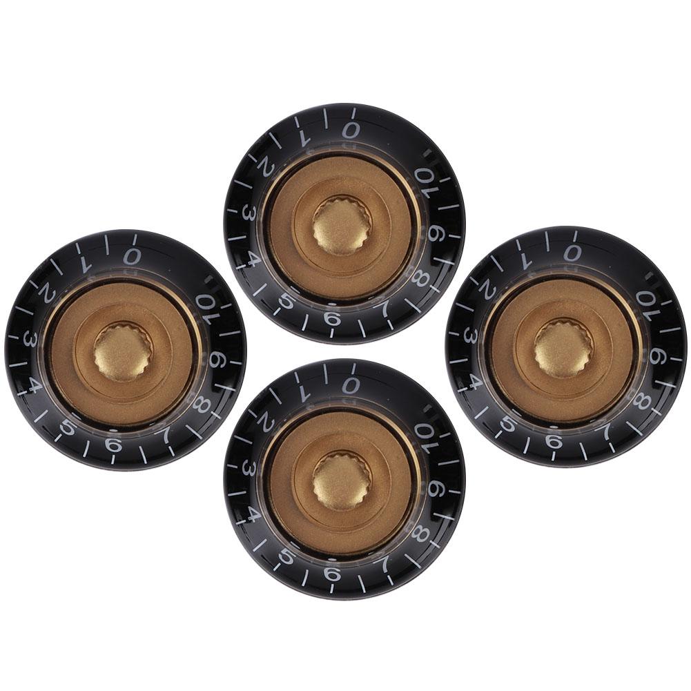 4 Stück Tonreglerknopf Transparent Glocke Lautstärke Musikinstrument Zubehör für Gitarre Bass Gold mit schwarzer Beschriftung