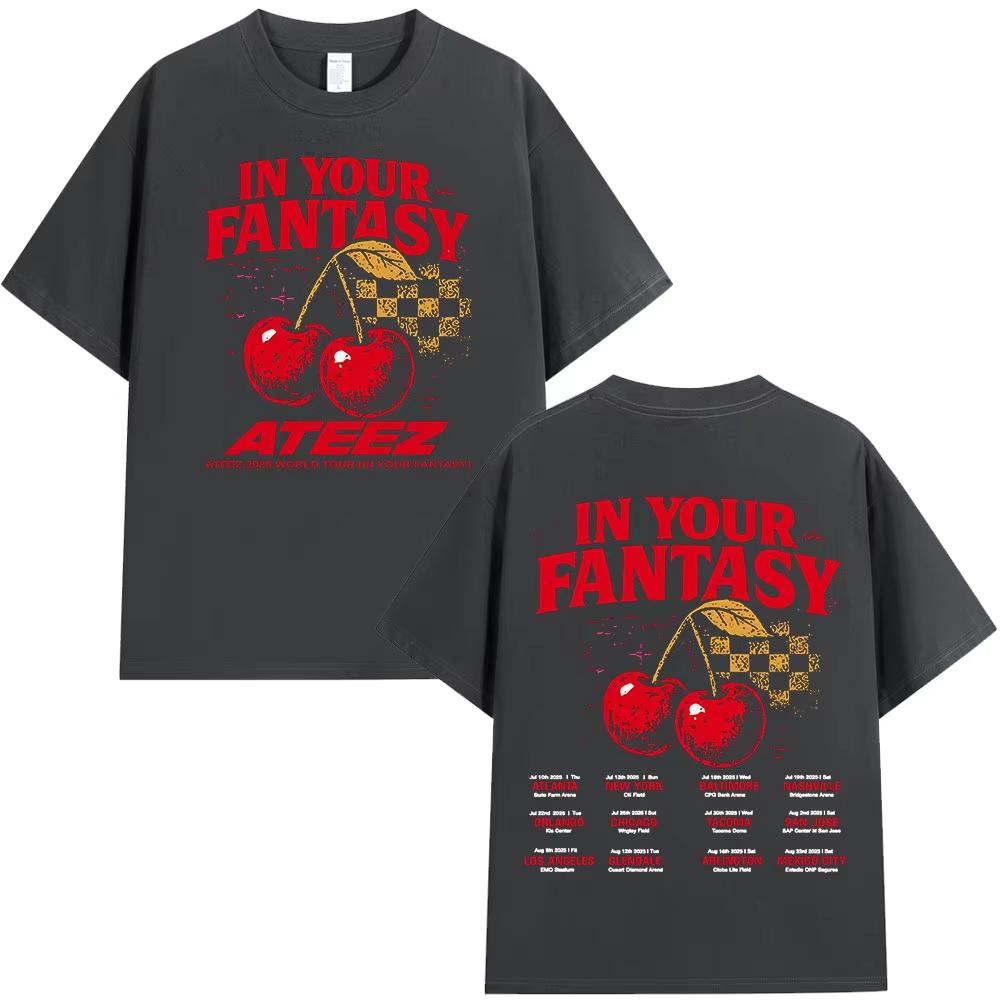 Ateez 2025 World Tour In Your Fantasy Tour Cherry T Shirts Korean Kpop Fashion T-shirt Men's Women Cotton Short Sleeve T-shirts