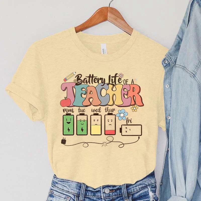 Battery Life of Teacher Print T Shirt Women Summer Tshirt Casual Female Tees for Lady Short Sleeve Kpop Y2k Tops Harajuku