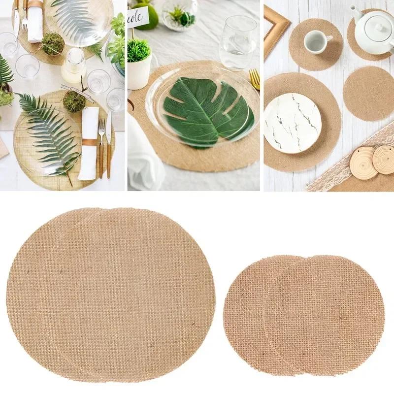 10Pcs Round Linen Jute Burlap Table Placemat Table Mat Dinner Table Tea Cup Plates Mat Home Wedding Birthday Party DIY Decor