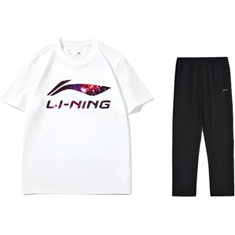 Li-Ning Comfortable Breathable Lightweight Skin-Friendly Minimalist Versatile Fashion Casual Sports Suit Men suit White Black AHSUA07-2+AKLU881-1 S