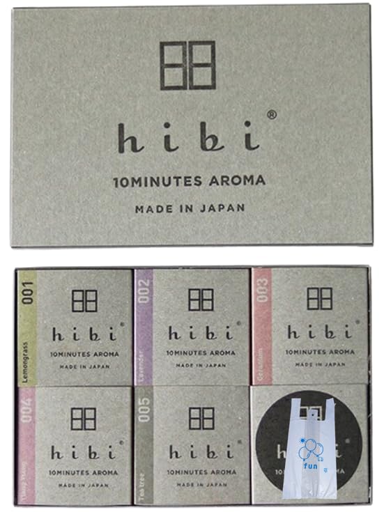 

Hibi 10-Minute Aroma Gift Box with 5 Scents: Lavender, Lemongrass, Ylang-Ylang, Geranium, and Tea Tree. Includes an original shopping bag.
