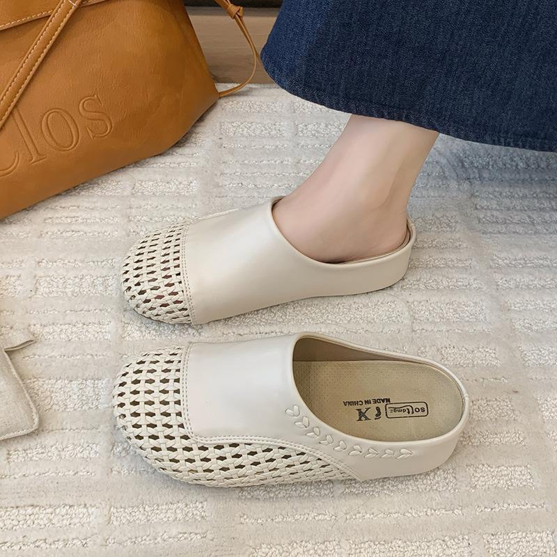 Thick bottom inner height increase one pedal woven hollow breathable cool slippers women's summer wear 2025 new bag head half slippers