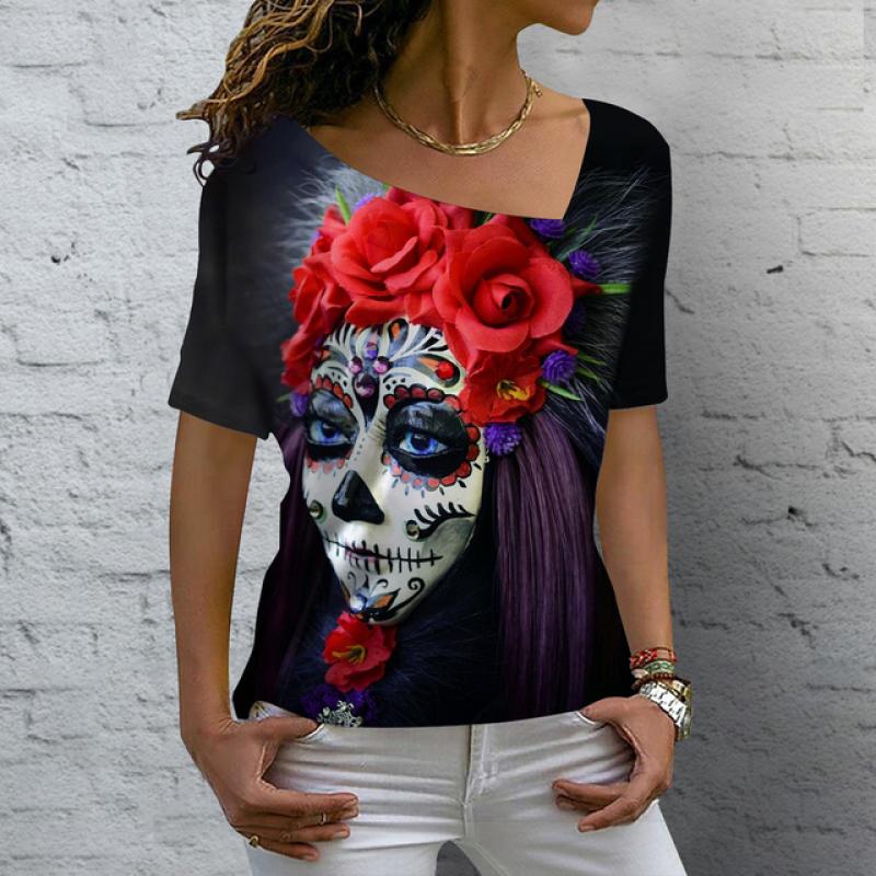 Women's T Shirt Vintage Skull 3D Printed V-neck Blouses Casual Short Sleeve Pullover Tops Summer Oversized Harajuku Clothes Tees