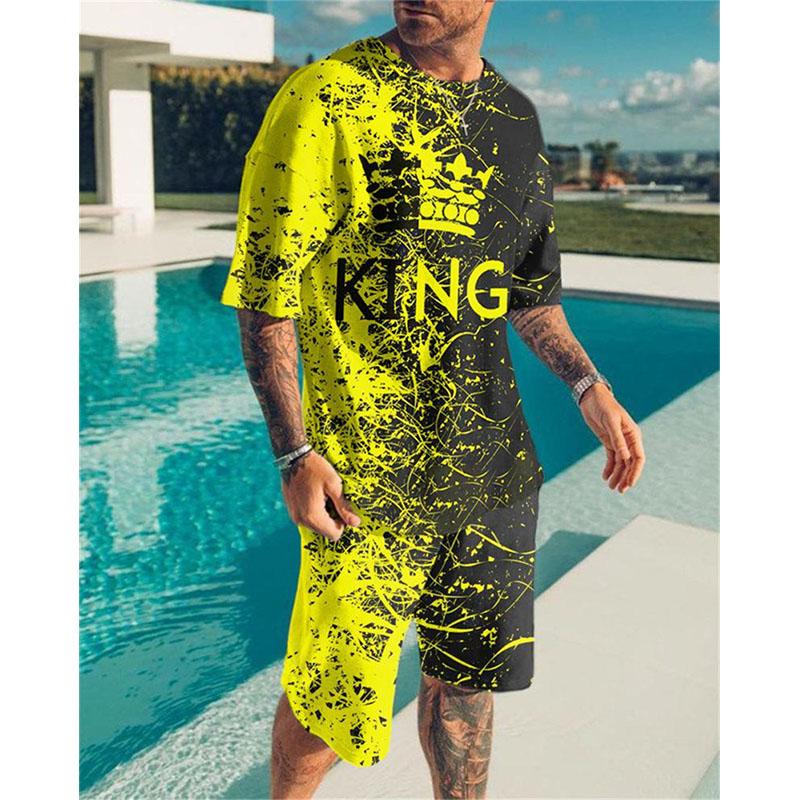 Men's Summer Suit Line Print Simple Sport Splicing Trend T-shirt Loose Casual Suit Short Sleeve Shorts Men's Summer Suit