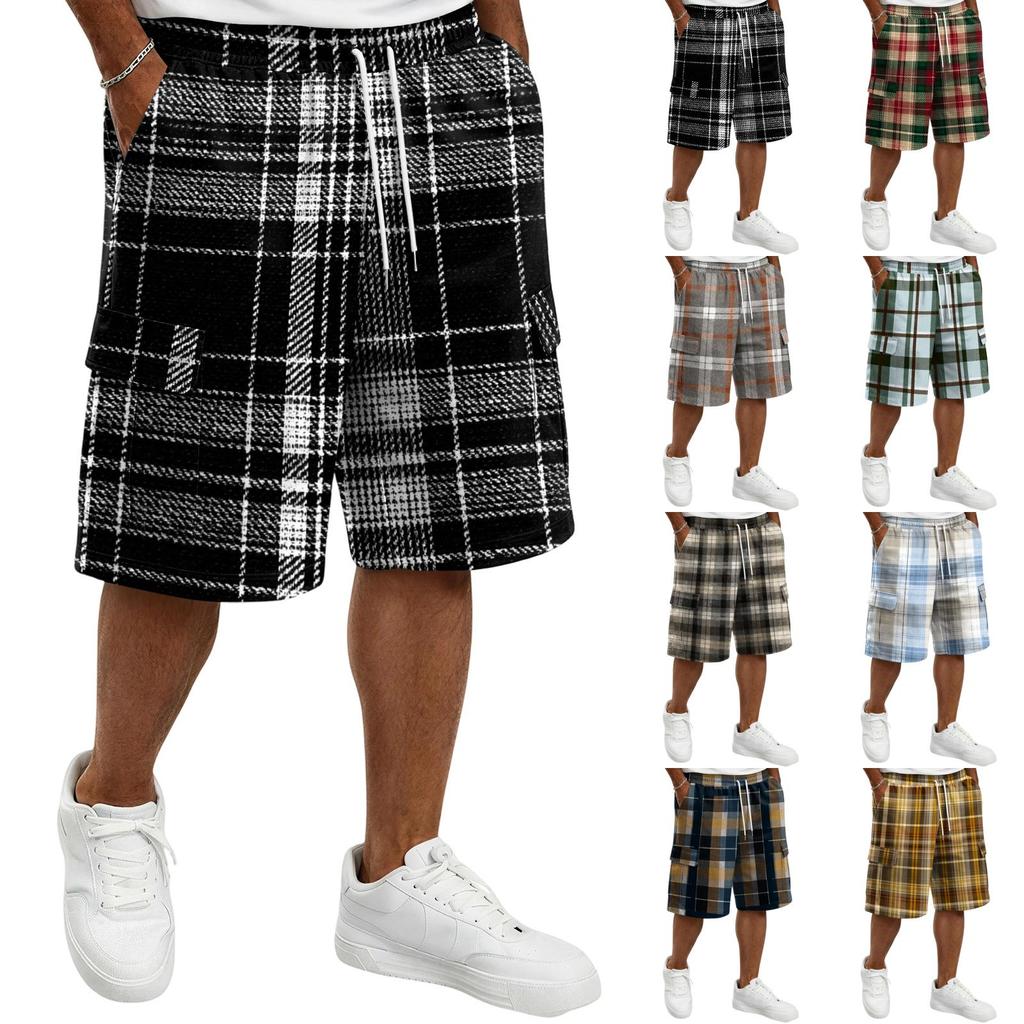 Herren Freizeit karierte Cargoshorts mit Kordelzug Lockerer Schnitt Leicht Atmungsaktiv Sommer Strandshorts mit mehreren Taschen für den Alltag