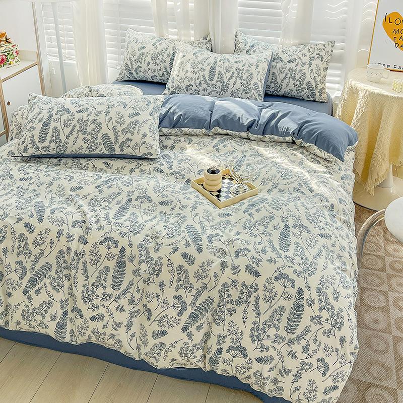 Washed Cotton 4Pcs Set, Double-Layer Yarn Quilt Cover, Dormitory Bed Sheet Three-Piece Set, Household Bedding