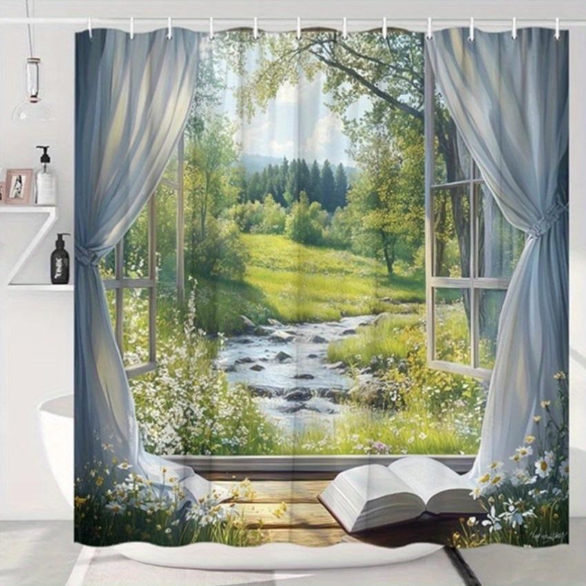 Textile Article Light Oil Painting Style Shower Curtain - Wildflowers Meadow Scene, Polyester Bathtub Curtain With 12 Hooks, Ideal For Bathroom Decor