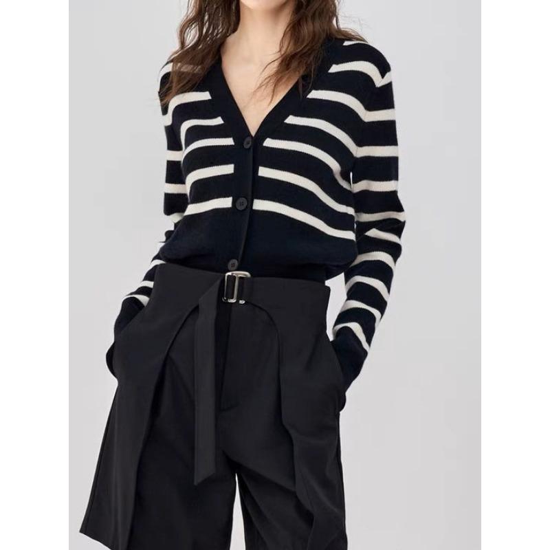 Autumn Women's V-neck Long Sleeved Sweater Striped Knitted Sweater Cardigan Design Sense