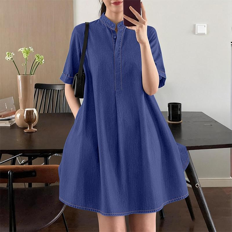 

ZANZEA Женское повседневное летнее платье с круглым вырезом и коротким рукавом S синий