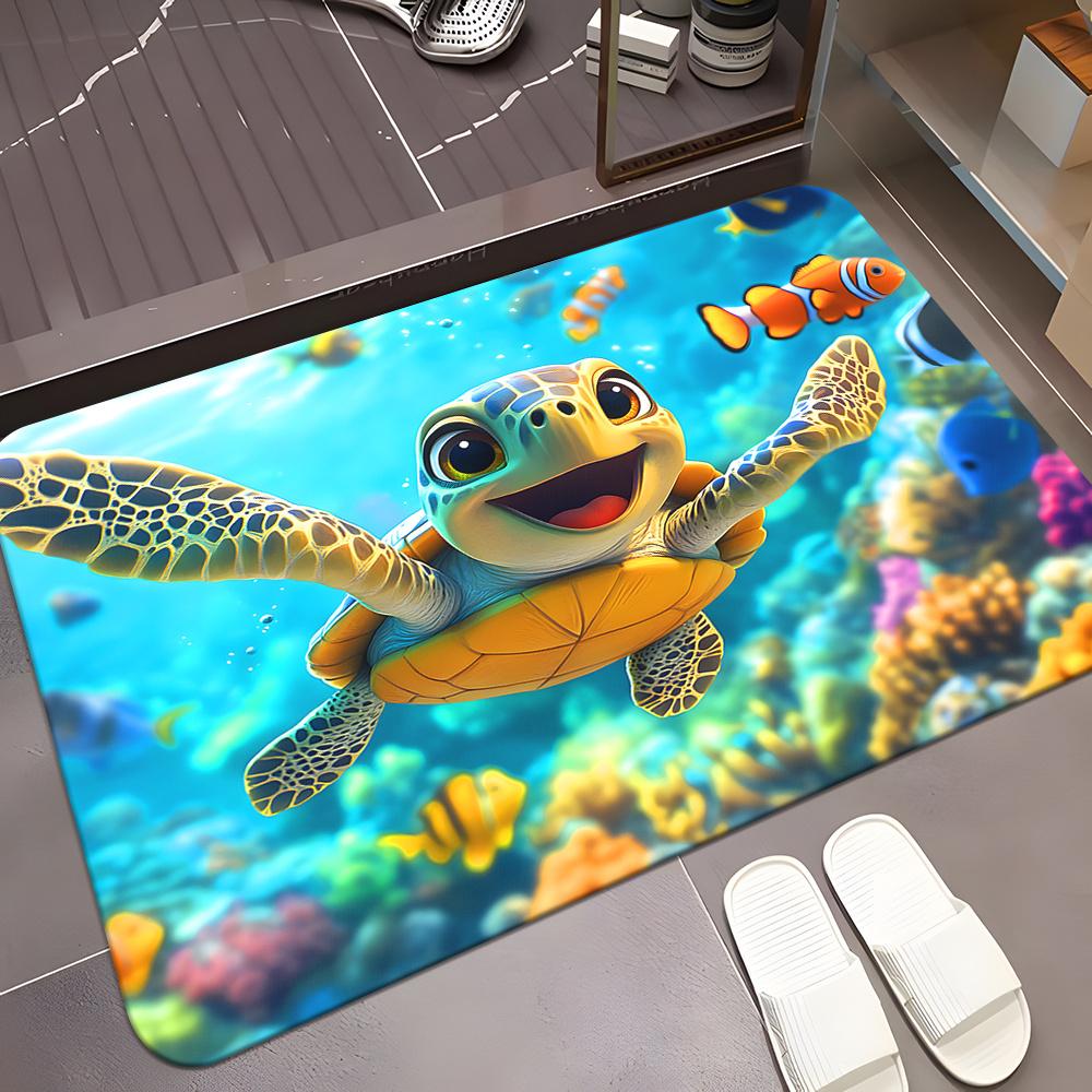 1pc 2D Flat Cartoon Sea Turtle Clownfish Flannel Bath Mat Non Slip Ocean Theme Rug for Kids Bathroom Shower Floor Decor