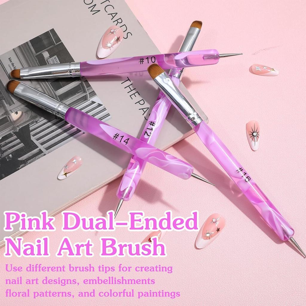 4 Pcs French Manicure Brush Gel Acrylic Nail Brushes Nail Art Brushcure Tool With Dotting Tool Double-Ended Art Pen for Manicure Cuticle Clean Up