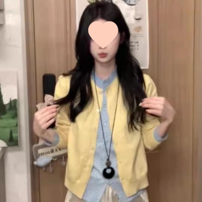 Lazy sweater women's coat autumn clothing contrasting color splicing knitted sweater cardigan college style fake two-piece women's top