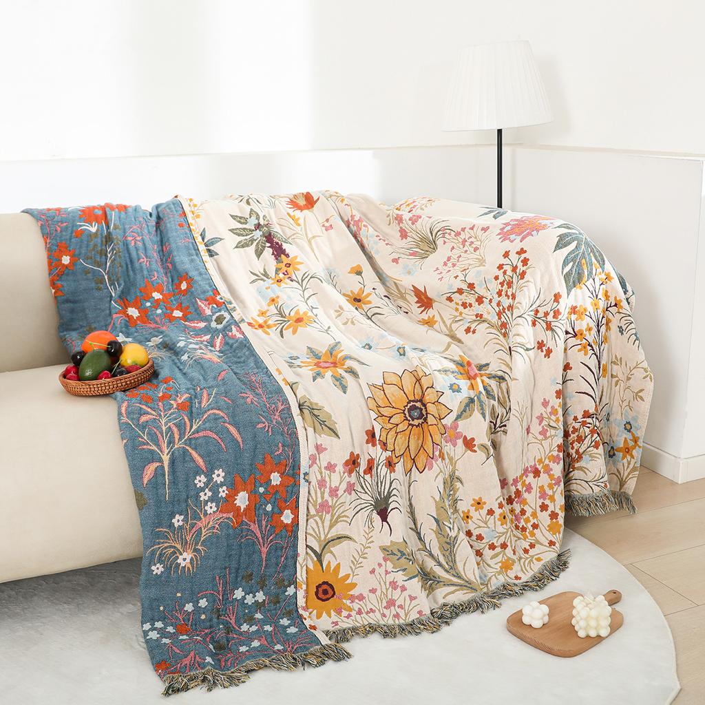 Floral Towel Blanket With Tassels, Sofa Cover Blanket, Bedspread, Four-Layer Gauze Cotton, 200*230 Cm, 1500 G, High Quality Pad