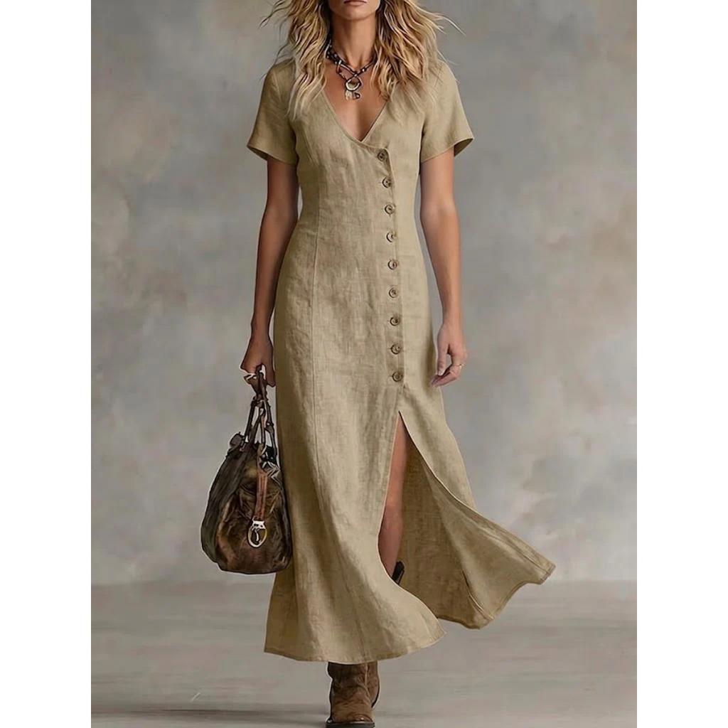 Summer Spring Cotton Linen Midi Dress, Casual Fashion Short Sleeve Button Dress for Women, European American Style Wholesale