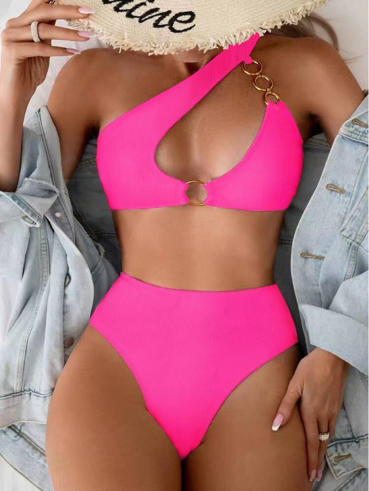 

2025 Бикини на одно плечо с открытой спиной с вырезами и высокой талией L розы красного