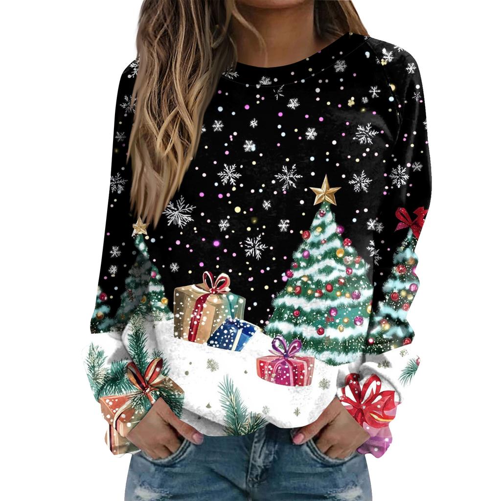 Women's Fashion Casual Long Sleeve Christmas Printed Neck Sweatshirt Top