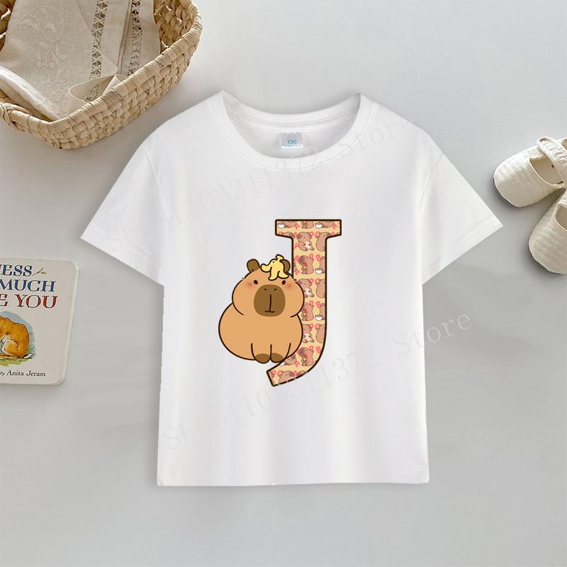 Tričko kapybara Potisk písmen A-Z Top Roztomilý Kreslený Anime Chlapecké Dívčí Oblečení Bavlna Kulatý Výstřih Kojenecké Krátký Rukáv Venkovní Oblečení