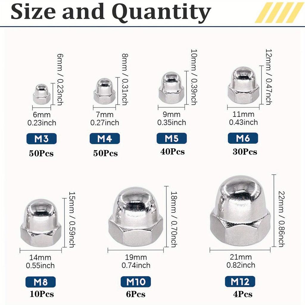 304 stainless steel hexagonal cover nut set cover nut 190Pcs boxed nut M3M4M5M6M8M12