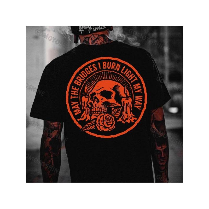 

European sizes MAY THE BRIDGES I BURN LIGHT MY WAY Men S Gothic Skull & Rose Graphic T-Shirt - with Orange Print, Soft Loose Fit Streetwear Tee, 4XL чорний
