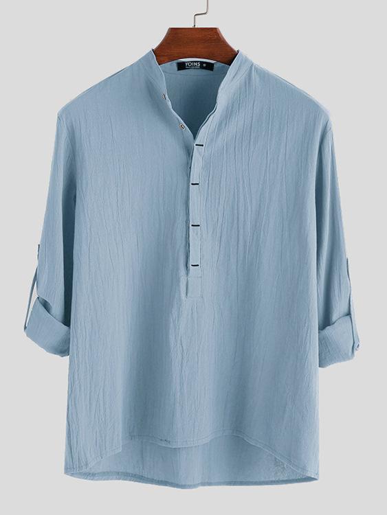 Spring and Autumn Loose Pure Color Long-sleeved Chinese Style Stand Collar Shirts Texture Contrast Button Design Men's Casual Shirts