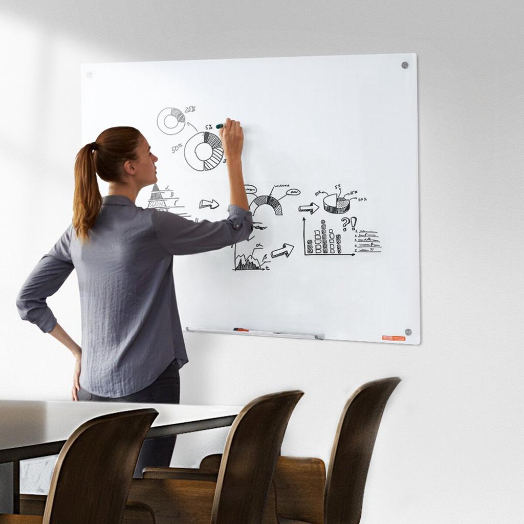 Magnetic Glass Whiteboard, Dry Erase Board 1200 x 800 mm, Wall-Mounted Large White Glassboard Frameless, with Marker Tray, an Eraser and 2 Markers,