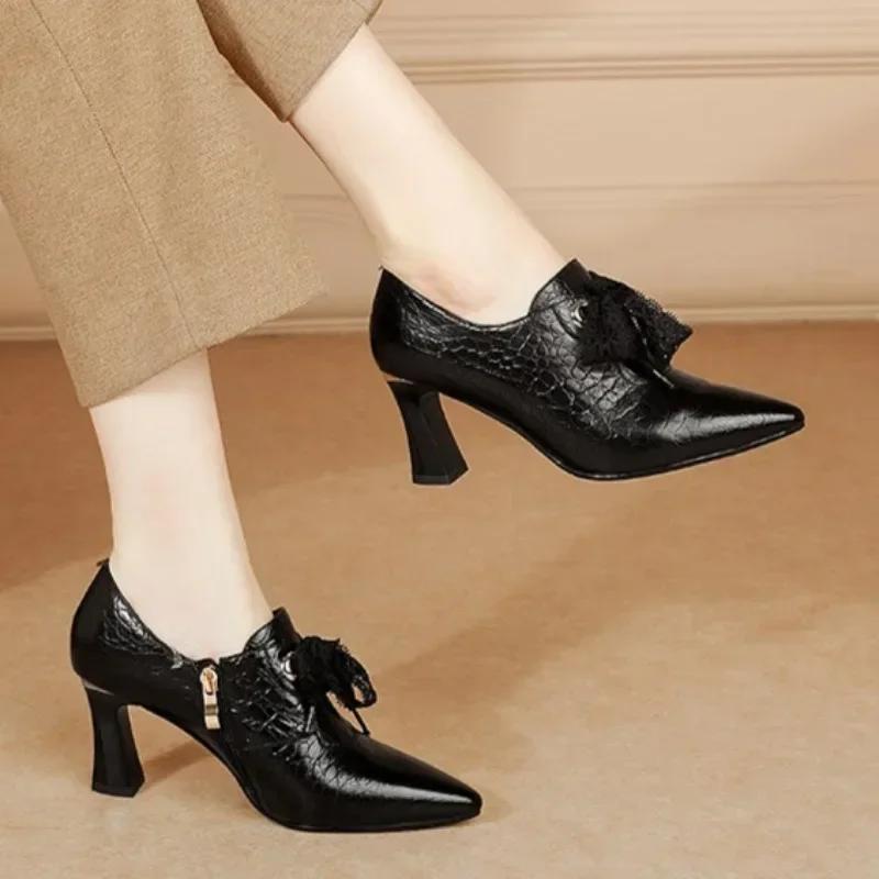 Fashion 2024 Women's High Heels PU Leather Sexy Pointed Toe Banquet Party Low-top Shoes Elegant Lace Lace-up Designer Women's High Heels