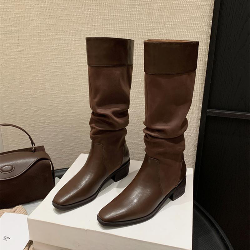 Winter Pleated Pointed Toe Woman Knee-High Boots Designer Splicing Thick Heels Long Booties Shoes